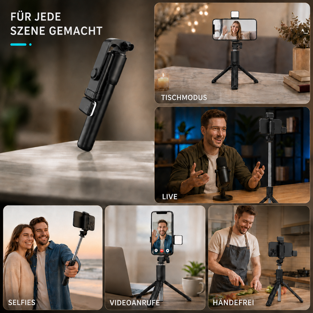 Elegantes schwarzes Selfie-Stick Stativ, vielseitiges Fotografie-Zubehör für unterwegs.