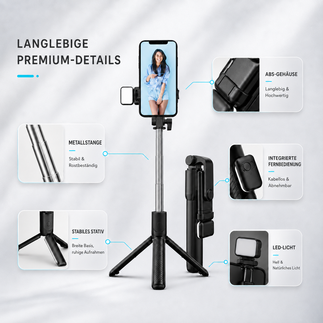 Person hält ausziehbaren Selfie-Stick mit Smartphone für perfekte Selfies und Vlogs.