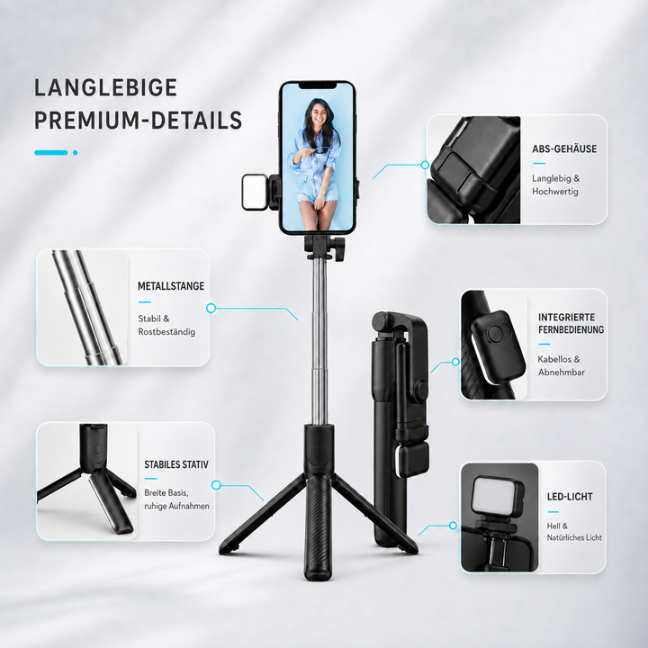 Person hält ausziehbaren Selfie-Stick mit Smartphone für perfekte Selfies und Vlogs.