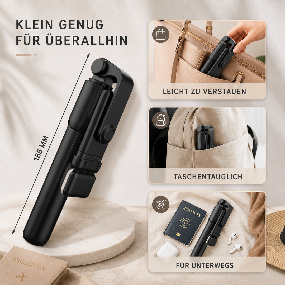 Selfie-Stick Stativ mit Smartphone, sicher befestigt und bereit für Videoaufnahmen oder Fotos.