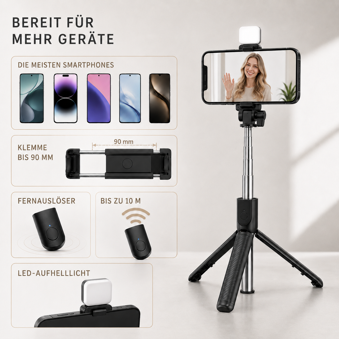 Selfie-Stick Stativ mit integrierter Bluetooth-Fernbedienung für bequeme Auslösung.
