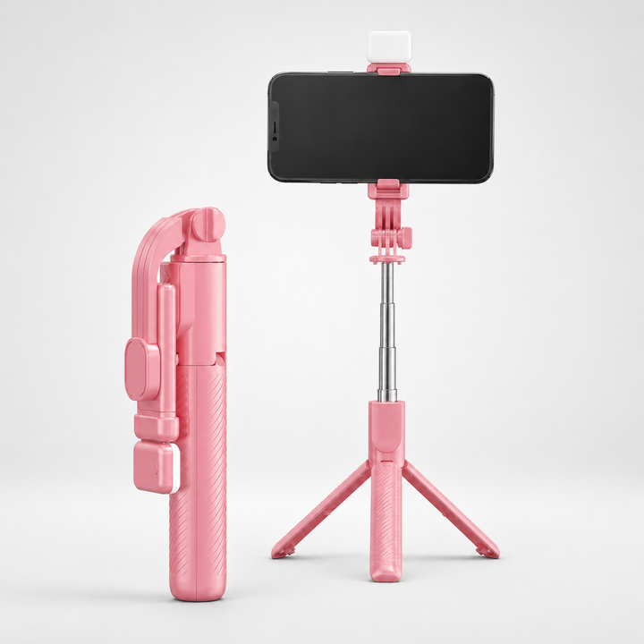 Ausgefahrener Selfie-Stick mit Handy-Halterung, perfekt für weite Aufnahmen und Gruppenfotos.