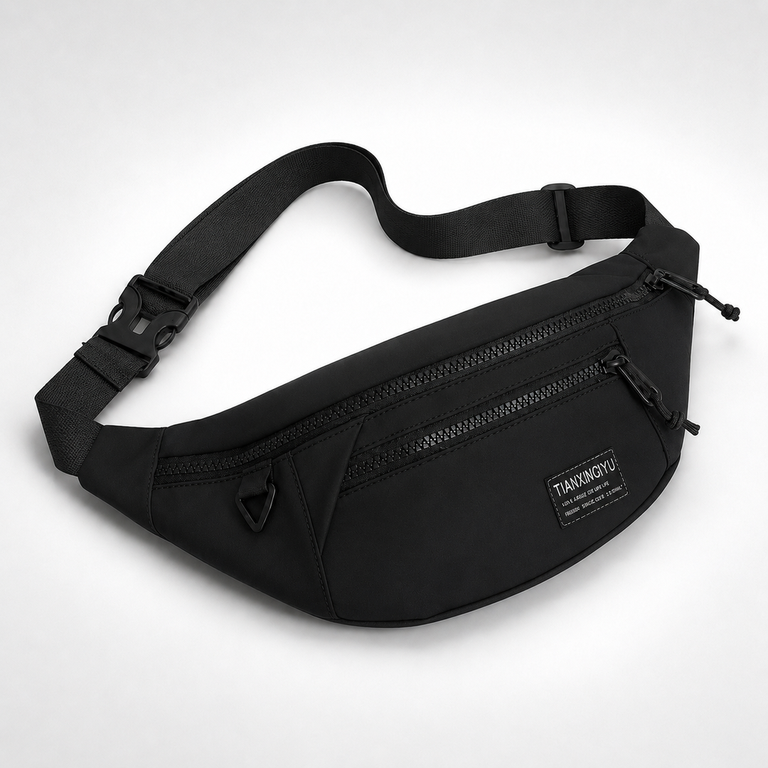 Multifunktionale schwarze Nylon-Sling-Bag, eine lässige Alltagstasche mit viel Stauraum.