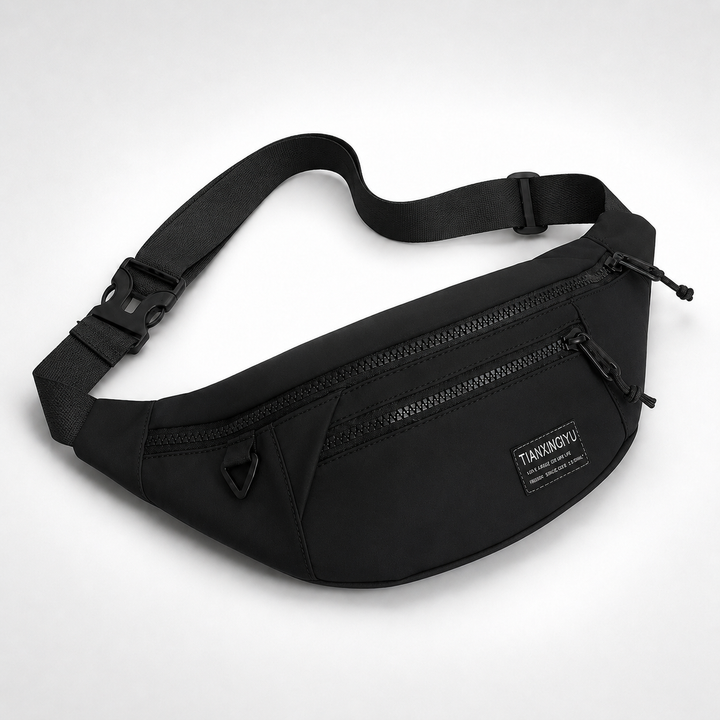 Multifunktionale schwarze Nylon-Sling-Bag, eine lässige Alltagstasche mit viel Stauraum.