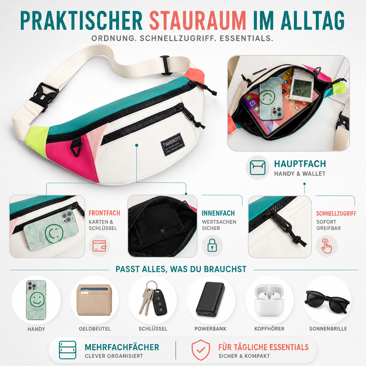 Lässige schwarze Nylon-Brusttasche, kompakter Organizer und praktisches Reisezubehör.