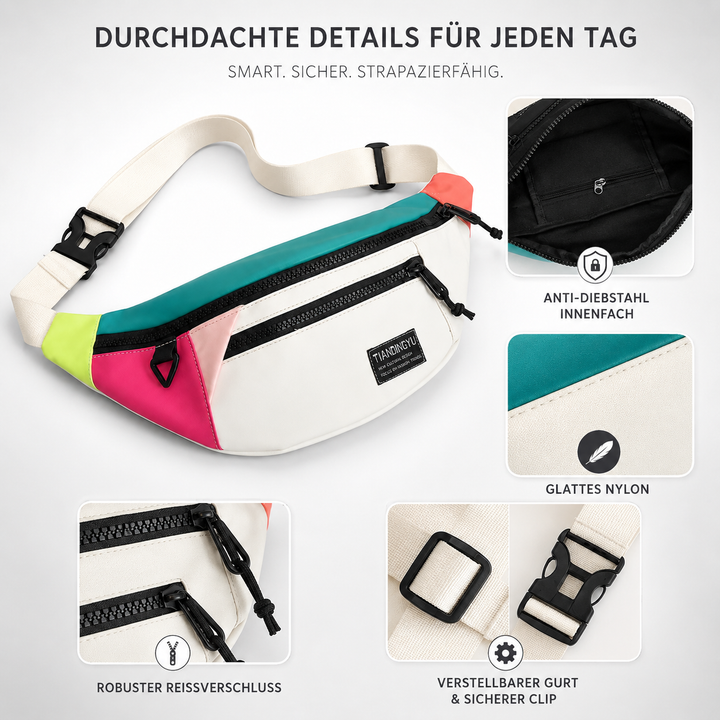 Alltagstaugliche schwarze Nylon-Sling-Bag, bequem als Brusttasche für Handy & Geldbörse.