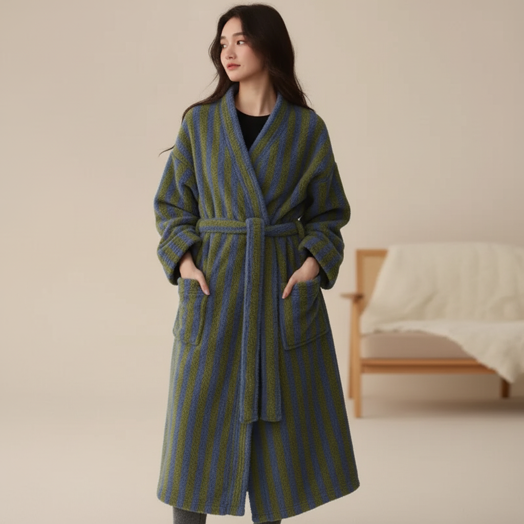 Langer Unisex Bademantel mit Streifenmuster für Damen & Herren, kuscheliger Komfort, ideal als Homewear.
