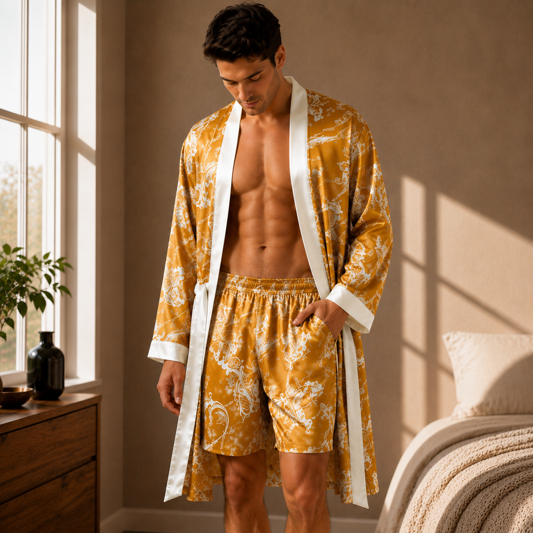 Damen Kimono-Stil Bademantel-Set mit Shorts, elegant und gemütlich für luxuriöse Loungewear zuhause.