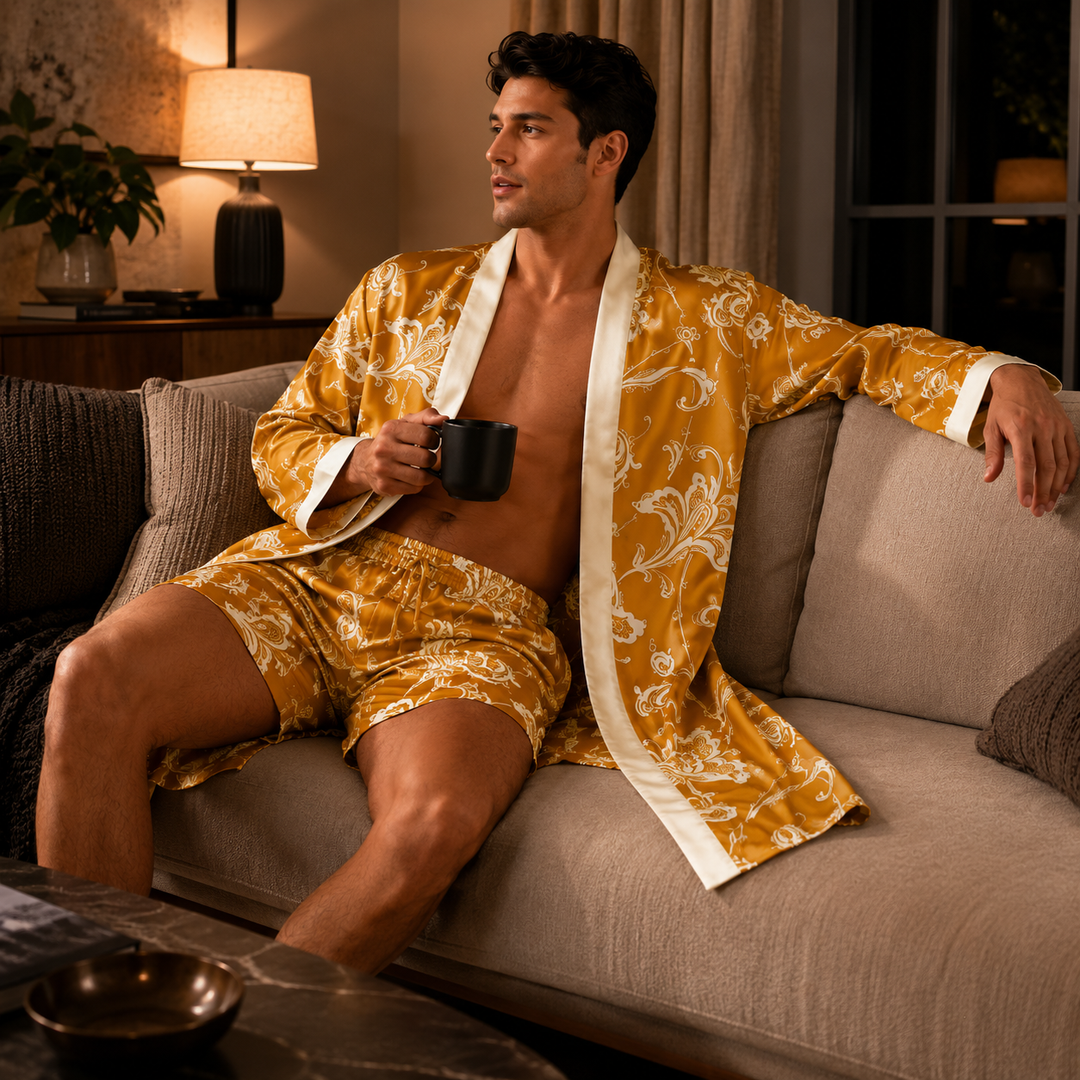 Hochwertiges Damen Kimono-Set: Bademantel und Shorts für luxuriösen Komfort und stilvolle Entspannung.