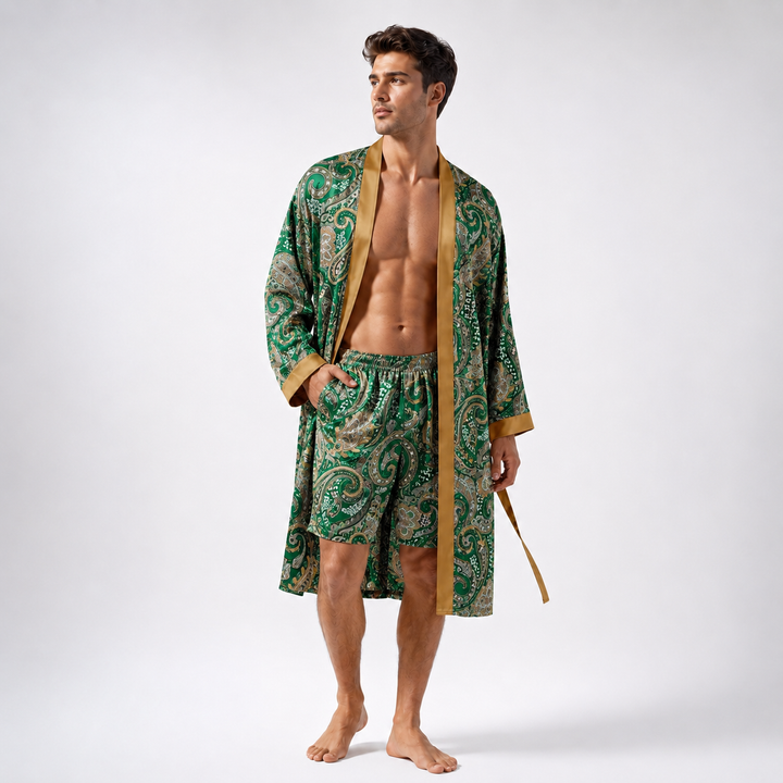 Elegantes Damen Kimono Bademantel-Set mit Shorts, perfekt als Schlafanzug und Hausanzug.
