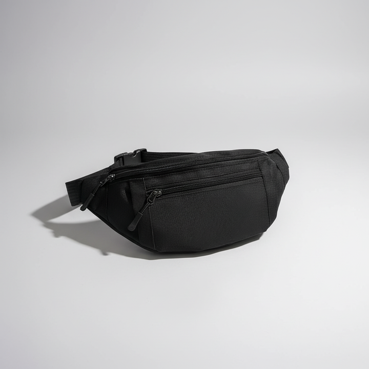 Geräumige schwarze Unisex Reise-Hüfttasche, ideal für Wertsachen, aus strapazierfähigem Oxford-Stoff.