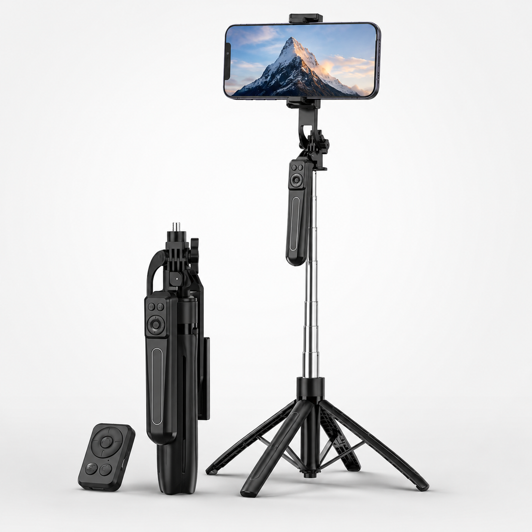 Ausziehbares Selfie-Stick Stativ mit Bluetooth-Fernbedienung, perfekt für Gruppenfotos & Vlogging.