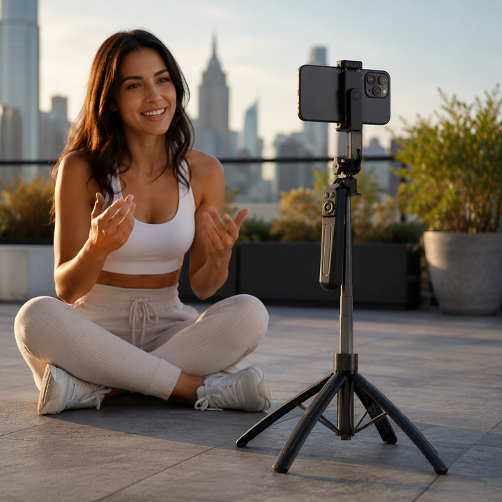 Ultra-kompaktes Smartphone-Stativ und Selfie-Stick, ideal für Rucksackreisen und spontane Aufnahmen.