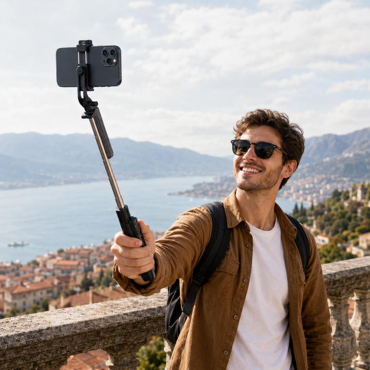 Universal-Handy-Stativ mit integriertem Selfie-Stick & Bluetooth-Fernbedienung für Smartphone-Fotografie.