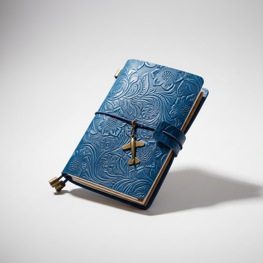 Nahaufnahme des handgefertigten geprägten PU-Leder Reisetagebuchs, Notizbuch mit Vintage-Charme.