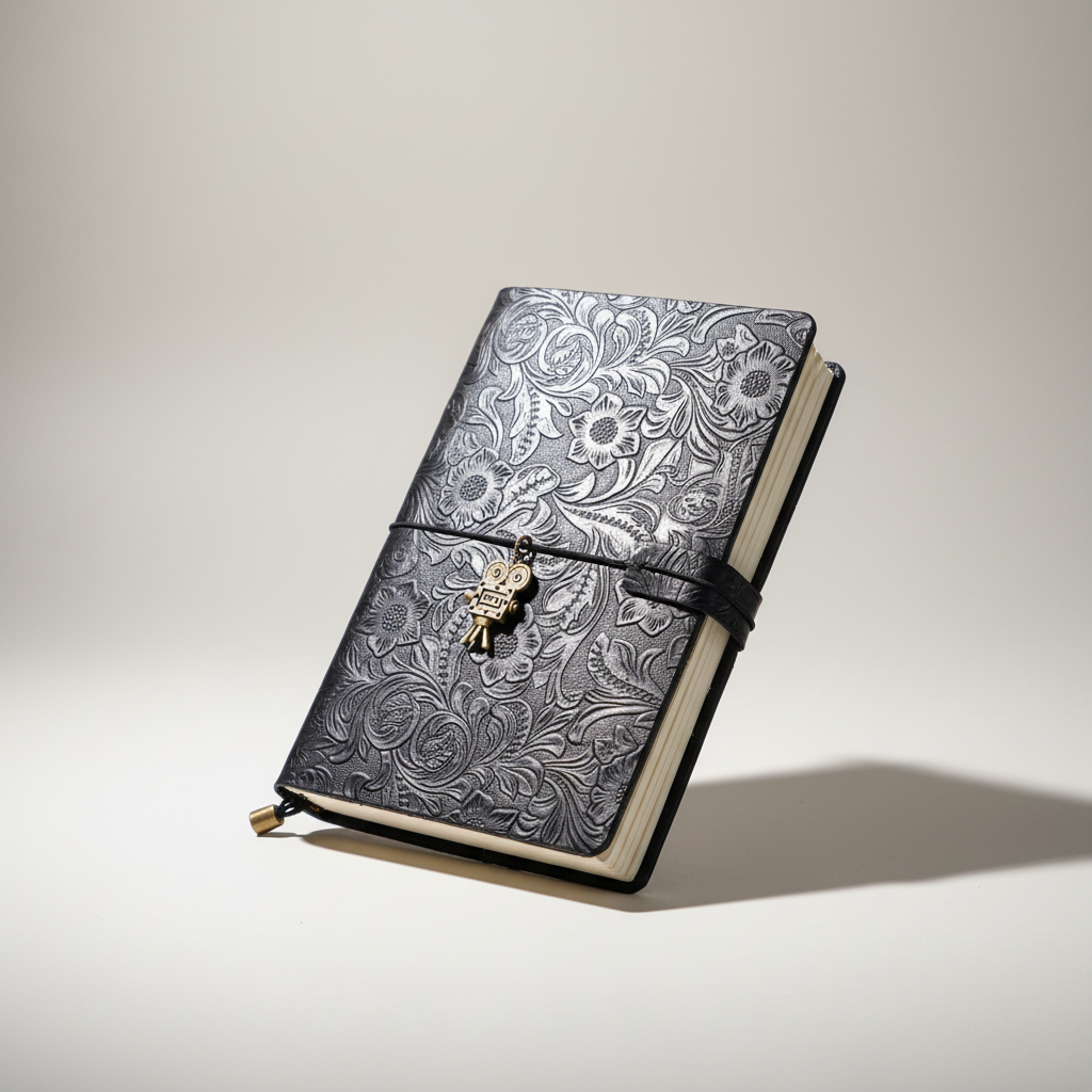 Detailaufnahme: Geprägtes Notizbuch aus PU-Leder, handgefertigt, im Vintage-Design, für Reiseerlebnisse.