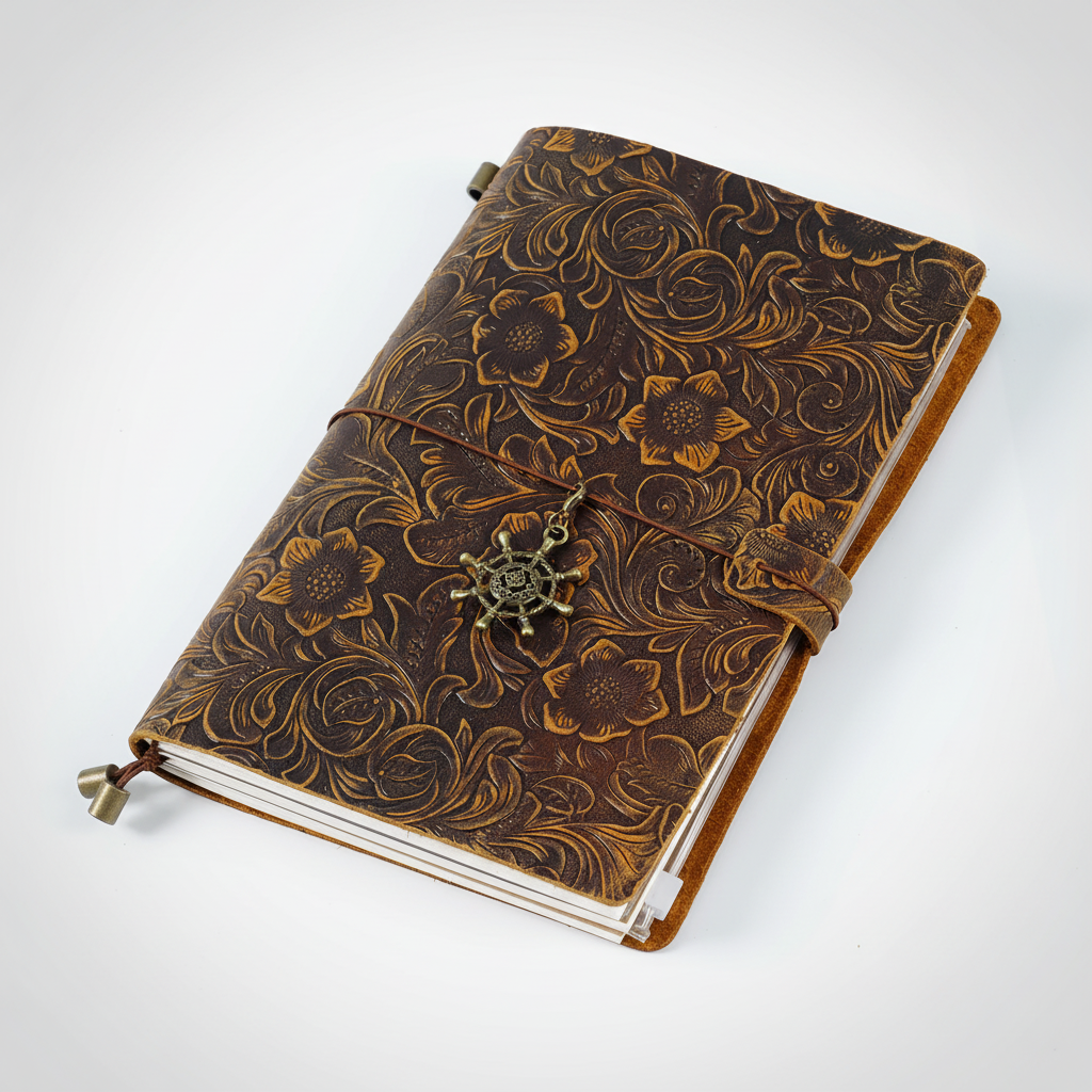 Stilvolles Vintage Reisetagebuch aus PU-Leder, geprägt, handgefertigt, perfekt als Tagebuch und Reiseaccessoire.