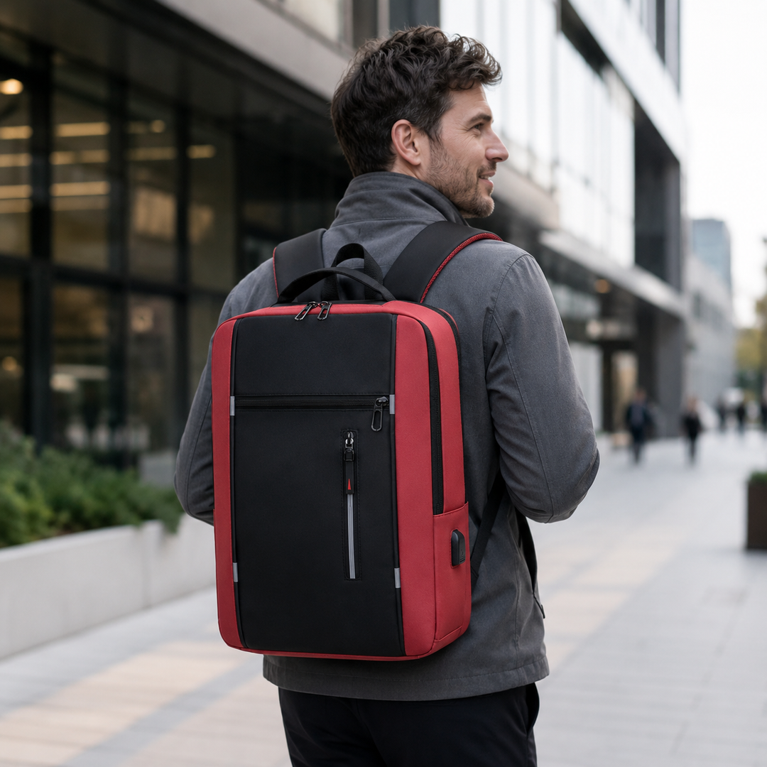 Person trägt den wasserdichten Business-Rucksack, unisex, demonstriert Komfort und stilvolles Auftreten.