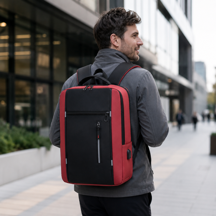 Person trägt den wasserdichten Business-Rucksack, unisex, demonstriert Komfort und stilvolles Auftreten.