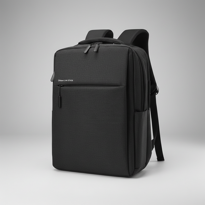 Vordertasche des schwarzen wasserdichten Laptop-Rucksacks, bietet schnellen Zugriff auf wichtige Dinge.