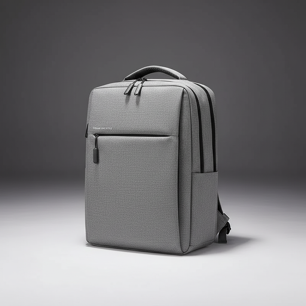 Pendler mit grauem, wasserdichtem Unisex Laptop-Rucksack auf dem Rücken, perfekt für Stadt & Büro.