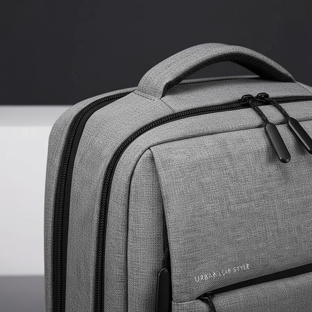 Model trägt schwarzen unisex Laptop-Rucksack, wasserdicht, ideal für Arbeitsweg & Reisen, modern & praktisch.