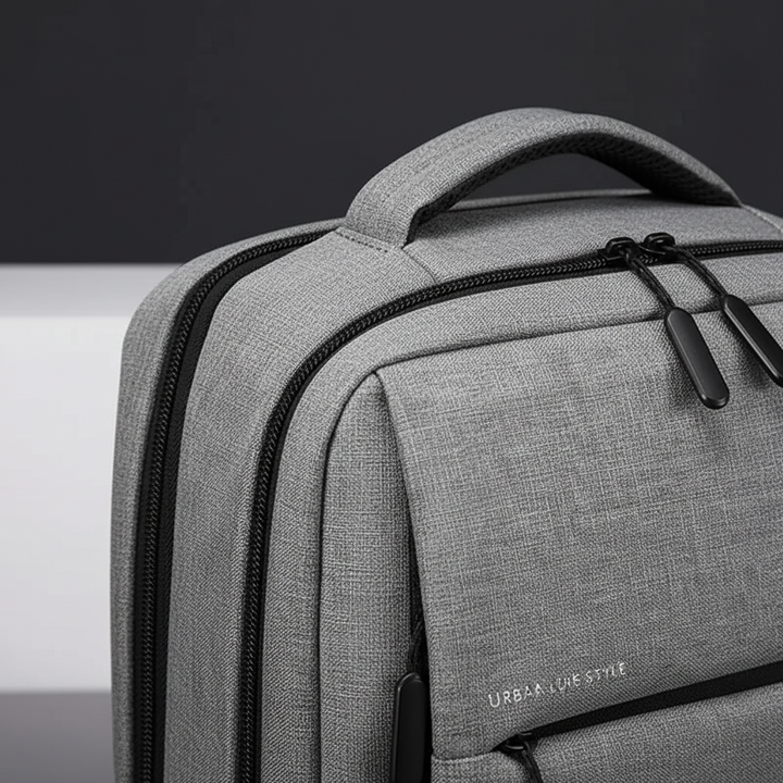 Model trägt schwarzen unisex Laptop-Rucksack, wasserdicht, ideal für Arbeitsweg & Reisen, modern & praktisch.