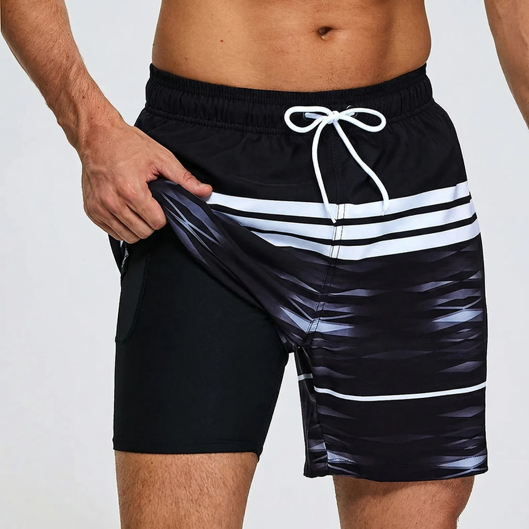 Bequeme Herren 2-in-1 Sportshorts WaveForma mit Taschen, ideal für Schwimmen, Strand und Freizeit.
