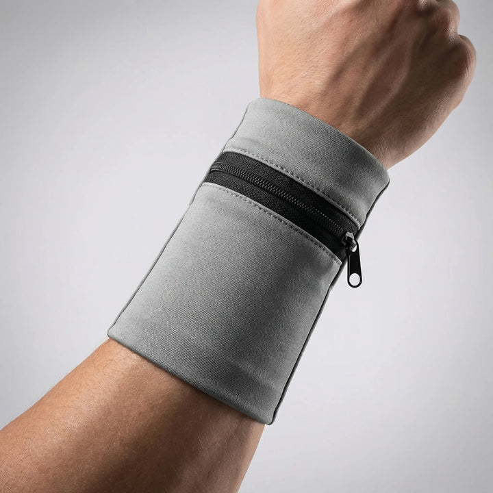 Schwarze Unisex Handgelenktasche mit Reißverschluss, ideal als kleine Geldbörse beim Sport.