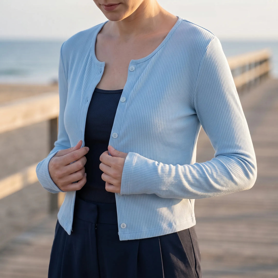Damen Gerippter Langarm-Cardigan, leicht & dehnbar für Frühling/Sommer. Vielseitiges Layering-Stück.