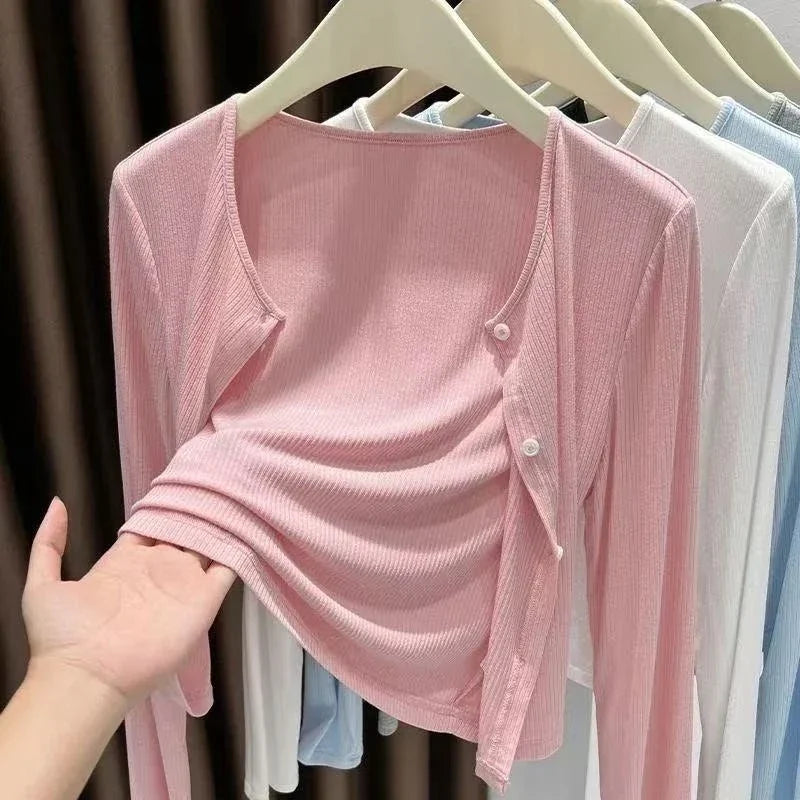 Damen Gerippter Cardigan mit langen Ärmeln, leicht. Ideal für Frühling/Sommer Layering.