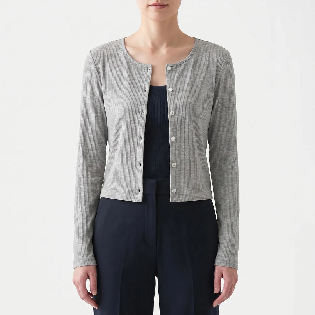 Vielseitiger Damen-Cardigan, gerippt, dehnbar, mit Knopfleiste. Optimal für Frühling und Sommer.