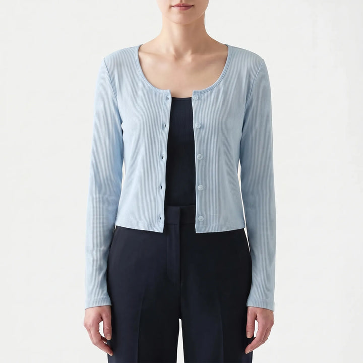 Modischer Damen Langarm-Cardigan, gerippt, leicht. Ideal für elegante Freizeit-Outfits.