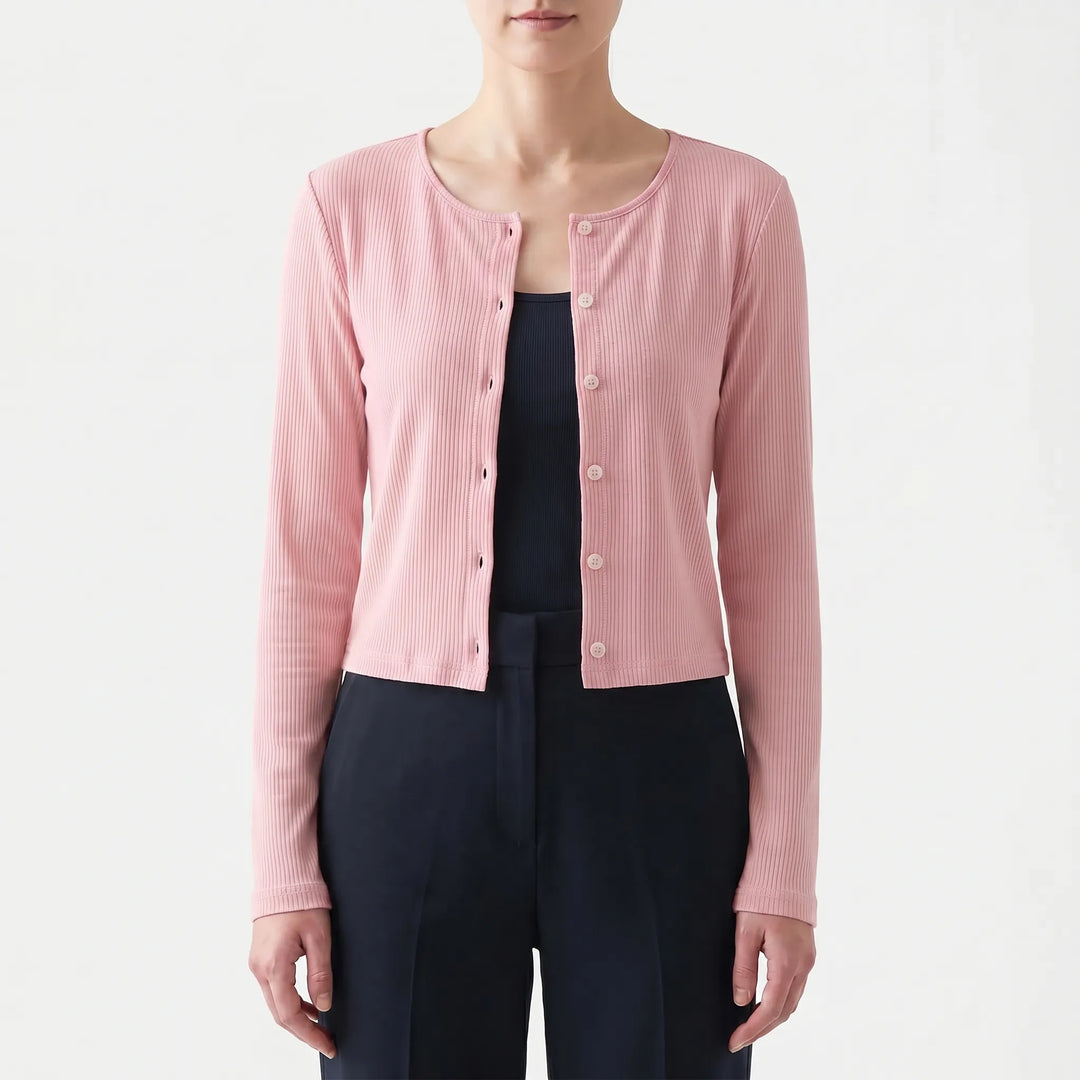 Damen Sommer-Cardigan, gerippt, Langarm, dehnbar. Komfortables Layering für warme Tage.