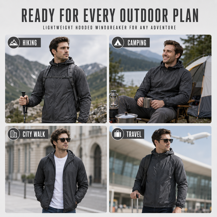 Winddichte unisex Kapuzenjacke, wasserabweisend, für Outdoor-Aktivitäten bei Wind & Regen.