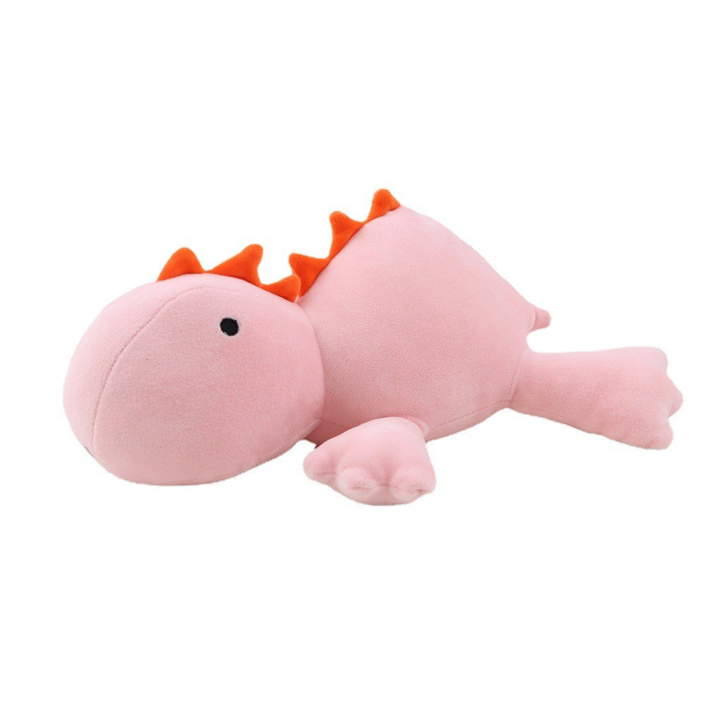 Nahaufnahme eines weichen, gewichteten Dino Plüschtier (rosa Triceratops). Gemütliches Stofftier für Babys und Kleinkinder.