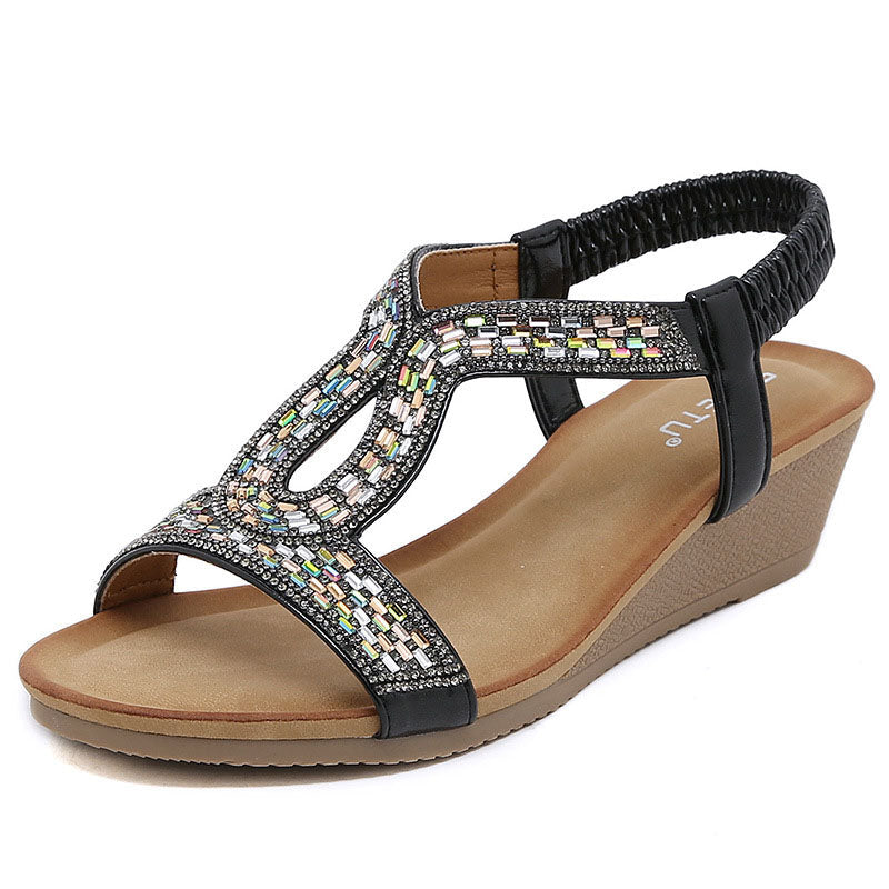 Bequeme schwarze Damen-Sandalen mit Keilabsatz, Strass, ideal für Urlaub & festliche Events.