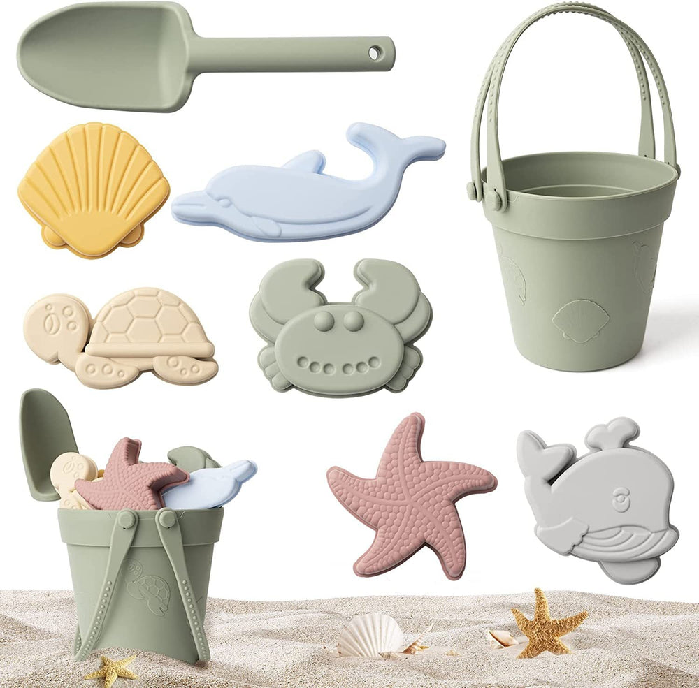Robustes Silikon Strandspielzeug-Set für Kinder: Gießkanne, Eimer & Sandförmchen für kreatives Spiel.