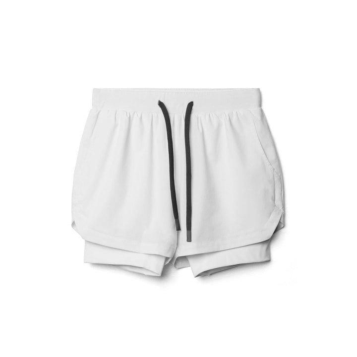 Rückansicht der Dynaflex Herren Workout Shorts, doppellagig, mit praktischer Tasche für Sportutensilien.