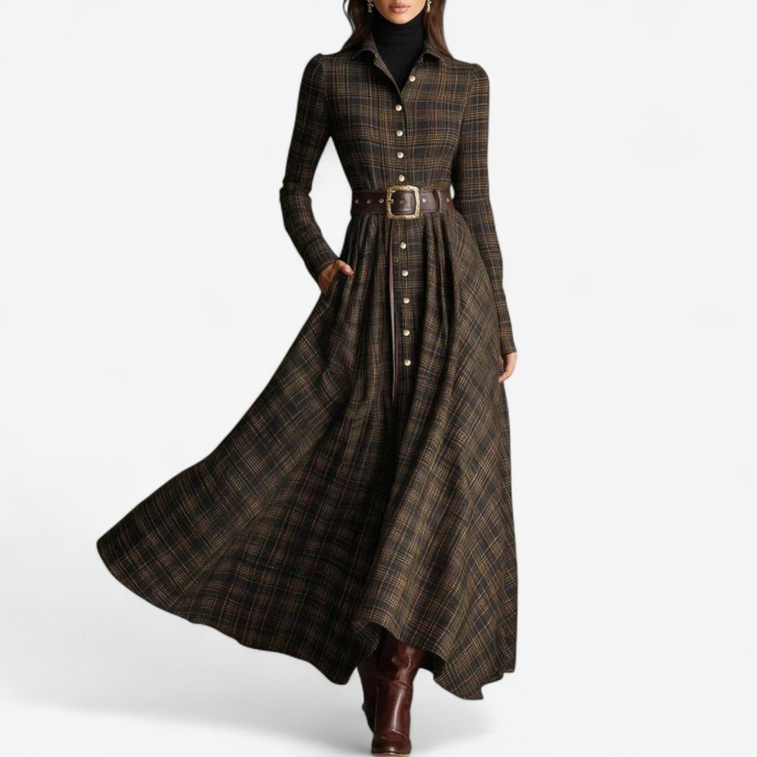 Elegantes braunes kariertes Damen Hemdblusenkleid als Maxikleid, perfekt für Freizeit & Büro. Langarm.