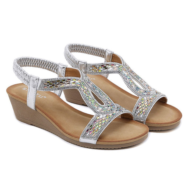 Schwarze Damen Sandalen mit Keilabsatz, glitzernd, Strass, bequem für den festlichen Sommer.