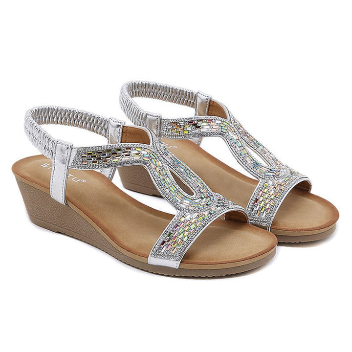 Schwarze Damen Sandalen mit Keilabsatz, glitzernd, Strass, bequem für den festlichen Sommer.