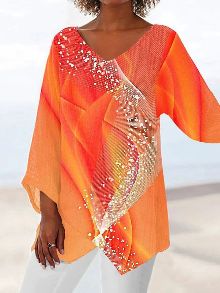 Türkise Damen Tunika Bluse mit Glitzer-Effekt. V-Ausschnitt und bequeme Passform für festliche Anlässe.