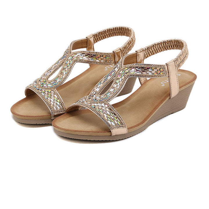 Stilvolle schwarze Damenschuhe mit Keilabsatz, Strass-Applikationen, für besondere Anlässe.