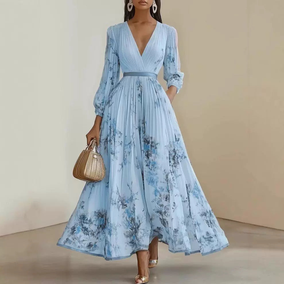 Romantisches Damen Maxikleid: V-Ausschnitt & Puffärmel Detail. Perfekt für elegante Sommer-Events.