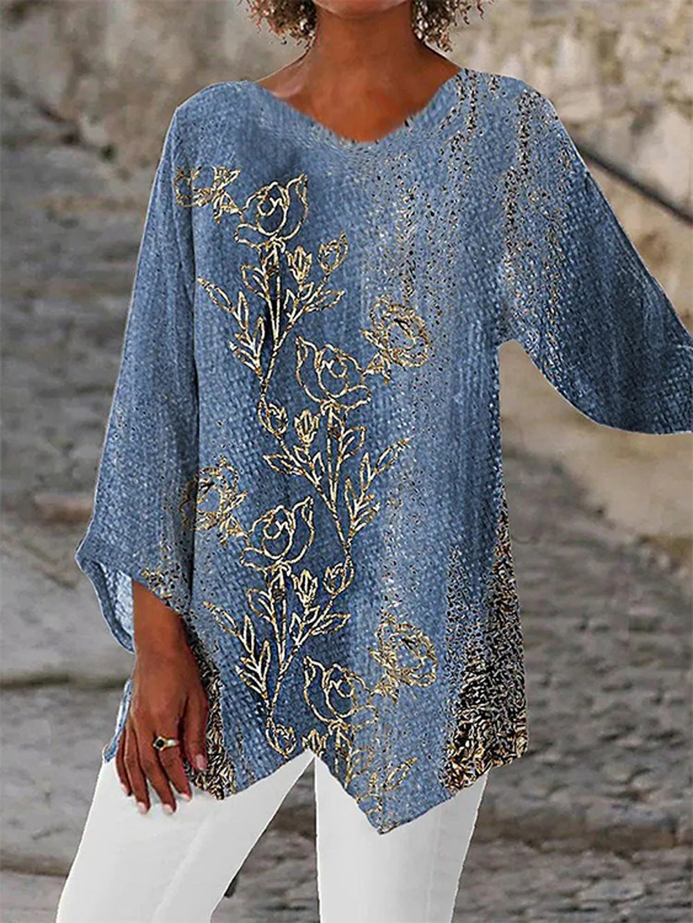 Festliche Glitzer Tunika Bluse in Türkis für Damen. Fließender Stoff und eleganter Dreiviertelarm.