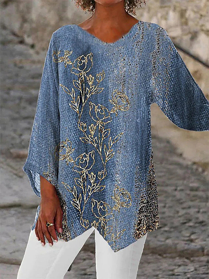 Festliche Glitzer Tunika Bluse in Türkis für Damen. Fließender Stoff und eleganter Dreiviertelarm.