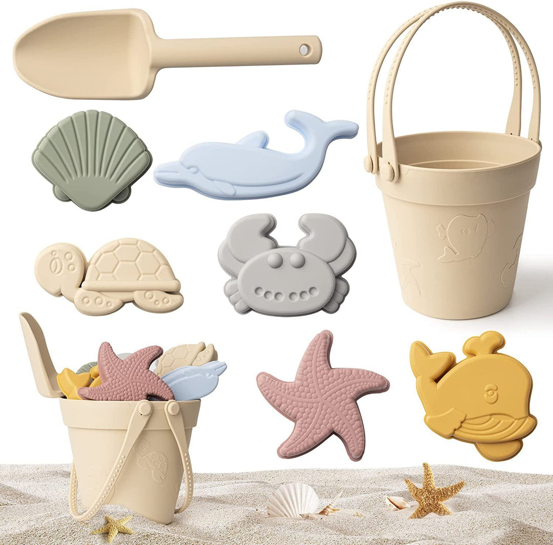 Grünes, gelbes, blaues Silikon-Strandspielzeug-Set für Kinder; ideal für Draußenspiel & Sandburgenbau.