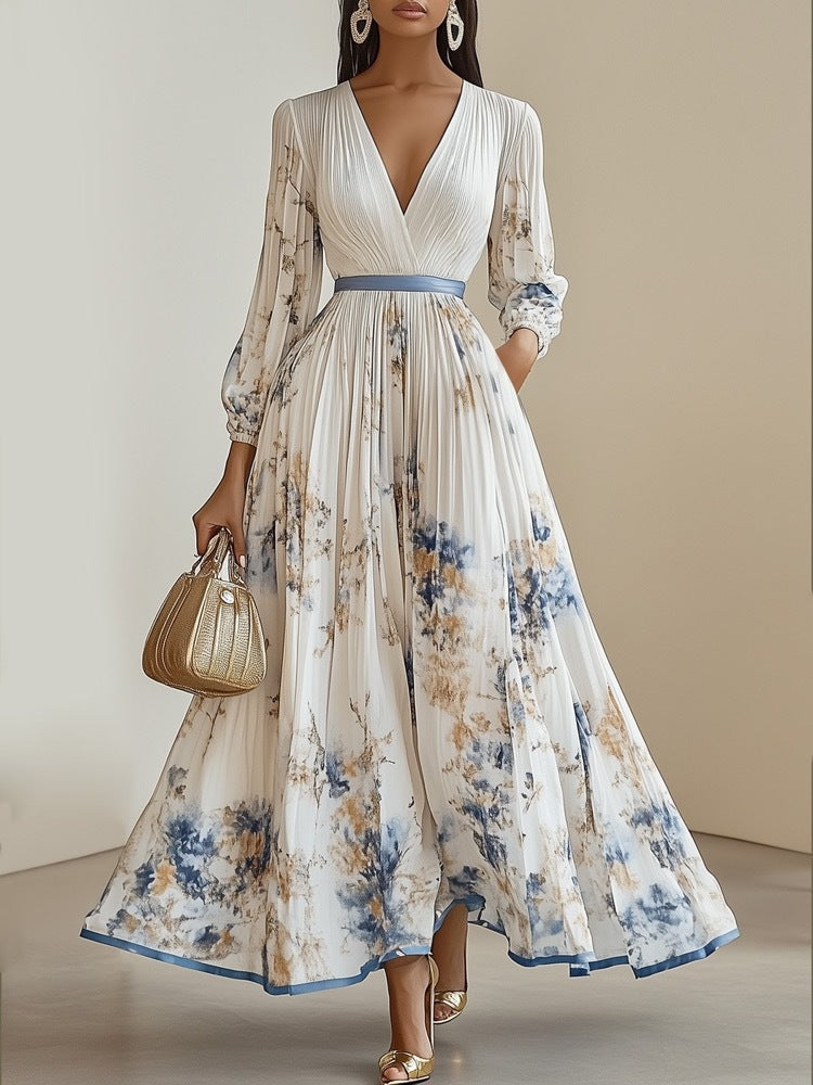 Vielseitiges Damen Maxikleid mit V-Ausschnitt, Puffärmeln & Blumenmuster. Romantisch für Sommer, Freizeit & Feste.