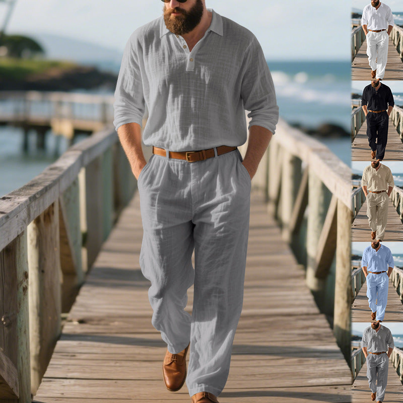 Schwarzes Herren Casual Set: Modernes Poloshirt & Komfort-Hose. Ideales Sommer-Outfit für Männer.